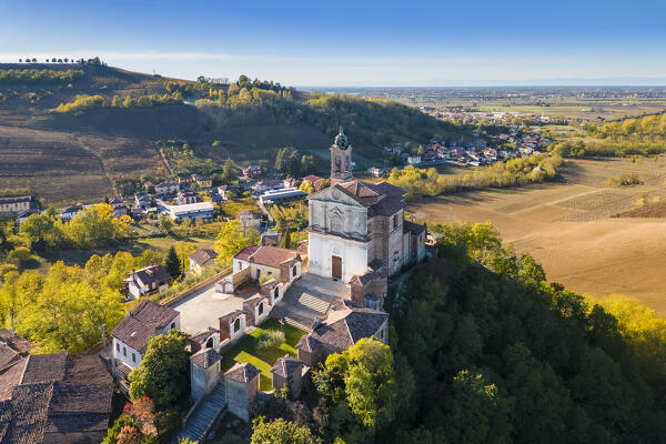 Aerial view of the Santuario della Passione or Santuario Santa Maria with the sacred mount. Torricella Verzate, Oltrepo Pavese, Pavia district, Lombardy, Italy.