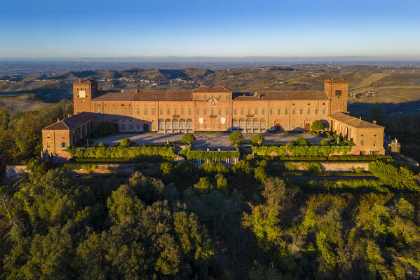 Aerial view of the Montalto castle on a hill overlooking all of Oltrepo Pavese. Montalto Pavese, Oltrepo Pavese, Pavia district, Lombardy, Italy.