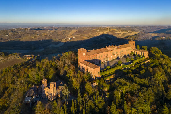 Aerial view of the Montalto castle on a hill overlooking all of Oltrepo Pavese. Montalto Pavese, Oltrepo Pavese, Pavia district, Lombardy, Italy.