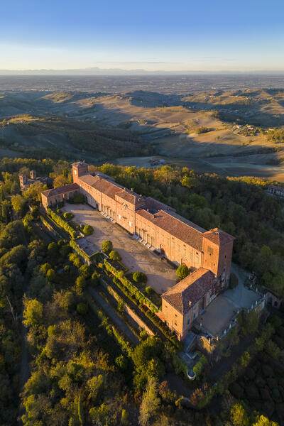 Aerial view of the Montalto castle on a hill overlooking all of Oltrepo Pavese. Montalto Pavese, Oltrepo Pavese, Pavia district, Lombardy, Italy.