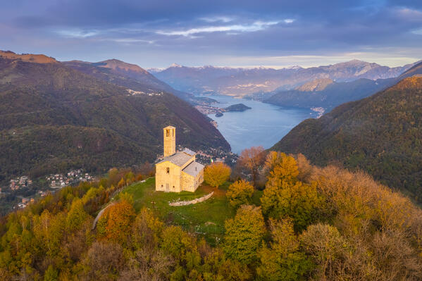Sunset over Lake Como viewed from San Zeno hermitage on the top of Intelvi Valley in autumn. Cerano d'Intelvi, Como distric, Lake Como, Lombardy, Italy.