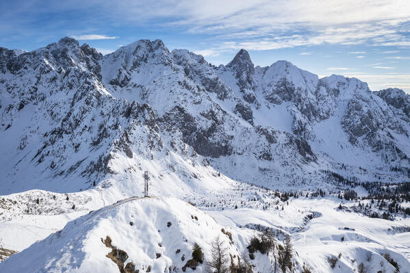 Aerial view of the Campelli di Schilpario and Cimone della Bagozza in winter from the cross of Monte Campioncino. Schilpario, Val di Scalve, Bergamo district, Lombardy, Italy, Southern Europe.