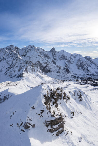 Aerial view of the Campelli di Schilpario and Cimone della Bagozza in winter from the cross of Monte Campioncino. Schilpario, Val di Scalve, Bergamo district, Lombardy, Italy, Southern Europe.