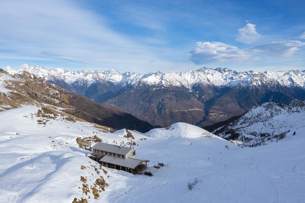 Aerial view of the Rifugio Campione from Monte Campioncino in winter. Cerveno, Val di Scalve, Brescia district, Lombardy, Italy, Southern Europe.