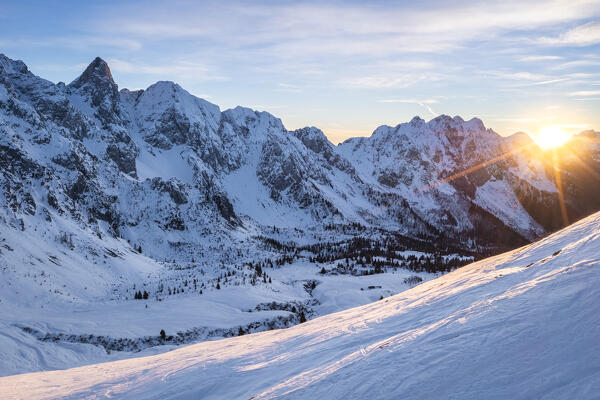 Aerial view of the Campelli di Schilpario and Cimone della Bagozza in winter from Passo Campelli. Schilpario, Val di Scalve, Bergamo district, Lombardy, Italy, Southern Europe.