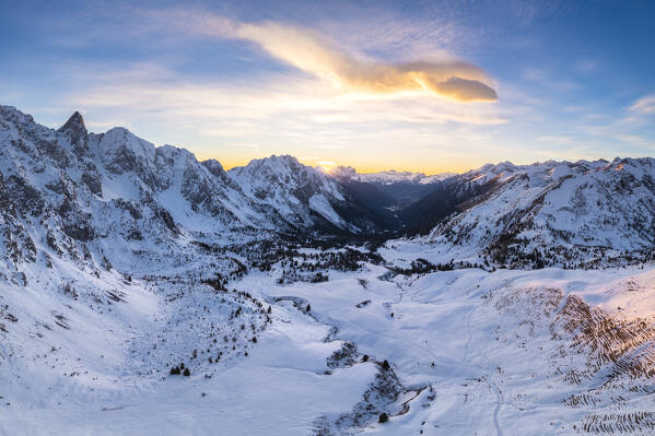 Aerial view of the Campelli di Schilpario and Cimone della Bagozza in winter from Passo Campelli. Schilpario, Val di Scalve, Bergamo district, Lombardy, Italy, Southern Europe.