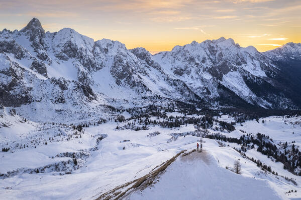 Aerial view of the Campelli di Schilpario and Cimone della Bagozza in winter from the cross of Monte Campioncino. Schilpario, Val di Scalve, Bergamo district, Lombardy, Italy, Southern Europe.