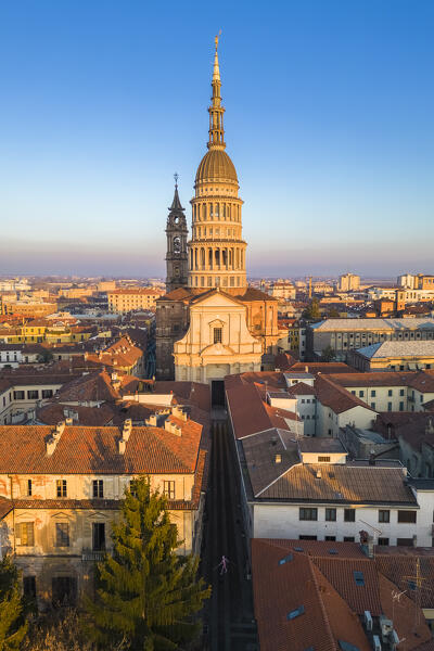 Aerial view of the Antonelli's dome and San Gaudenzio Basilica, at sunset in winter. Novara, Piedmont, Italy.