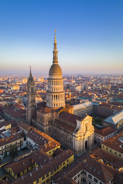 Aerial view of the Antonelli's dome and San Gaudenzio Basilica, 
 at sunset in winter. Novara, Piedmont, Italy.
