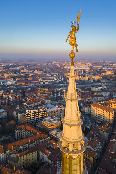 Aerial view of the Antonelli's dome and San Gaudenzio Basilica, 
 at sunset in winter. Novara, Piedmont, Italy.