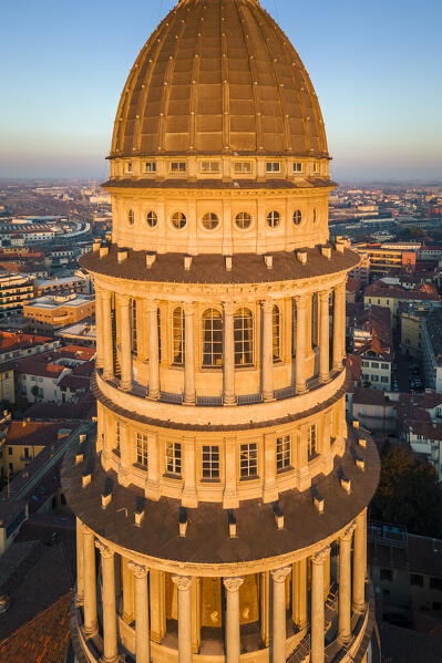 Aerial view of the Antonelli's dome and San Gaudenzio Basilica, at sunset in winter. Novara, Piedmont, Italy.