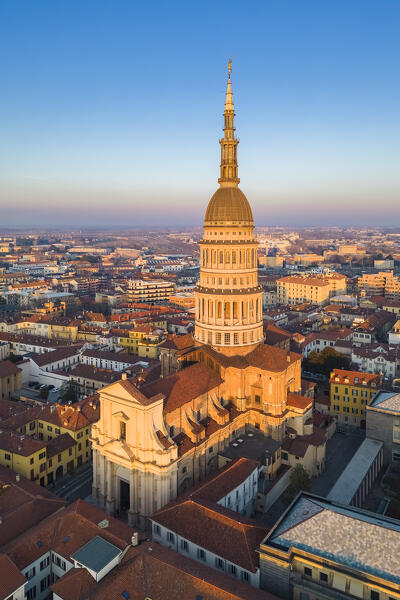 Aerial view of the Antonelli's dome and San Gaudenzio Basilica, at sunset in winter. Novara, Piedmont, Italy.