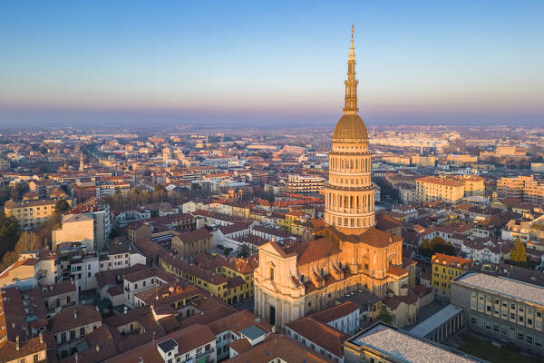 Aerial view of the Antonelli's dome and San Gaudenzio Basilica, at sunset in winter. Novara, Piedmont, Italy.