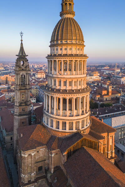 Aerial view of the Antonelli's dome and San Gaudenzio Basilica, 
 at sunset in winter. Novara, Piedmont, Italy.