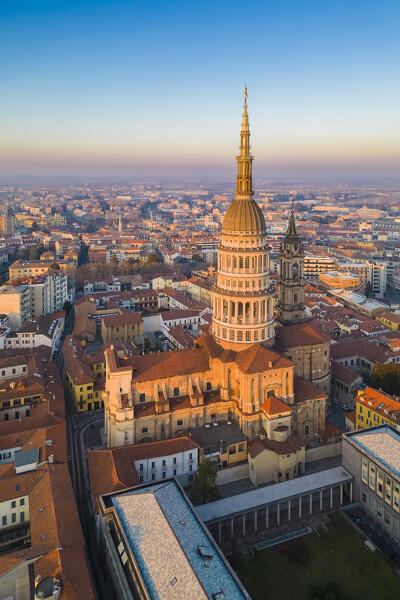 Aerial view of the Antonelli's dome and San Gaudenzio Basilica, 
 at sunset in winter. Novara, Piedmont, Italy.