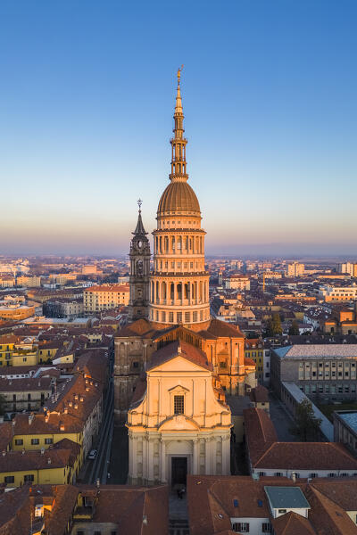 Aerial view of the Antonelli's dome and San Gaudenzio Basilica, 
 at sunset in winter. Novara, Piedmont, Italy.