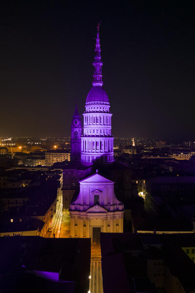 Aerial view of the Antonelli's dome and San Gaudenzio Basilica, 
 at night in winter. Novara, Piedmont, Italy.