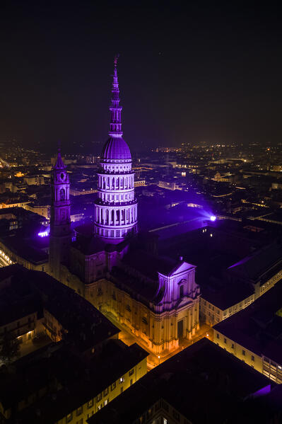 Aerial view of the Antonelli's dome and San Gaudenzio Basilica, 
 at night in winter. Novara, Piedmont, Italy.