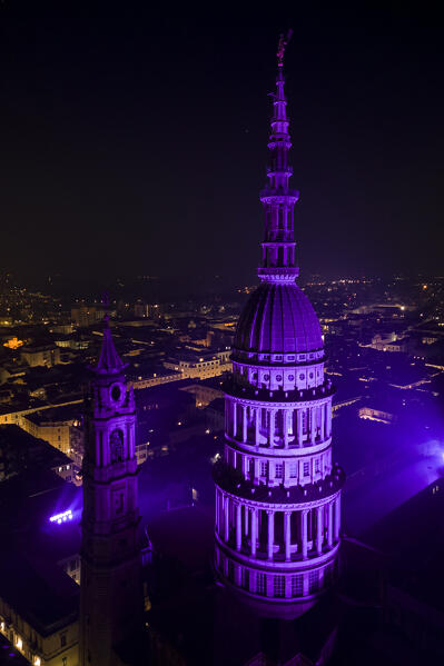Aerial view of the Antonelli's dome and San Gaudenzio Basilica, 
 at night in winter. Novara, Piedmont, Italy.