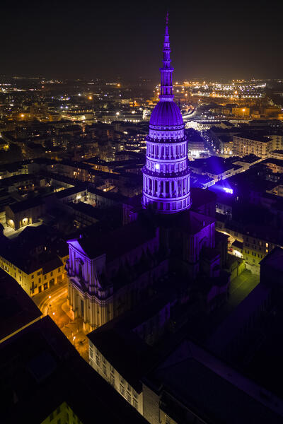 Aerial view of the Antonelli's dome and San Gaudenzio Basilica, 
 at night in winter. Novara, Piedmont, Italy.