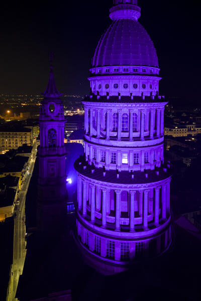 Aerial view of the Antonelli's dome and San Gaudenzio Basilica, 
 at night in winter. Novara, Piedmont, Italy.