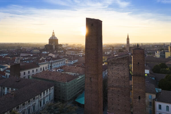 Aerial view of the old medieval towers of Pavia at sunset. Pavia, Lombardy, Italy, Europe.