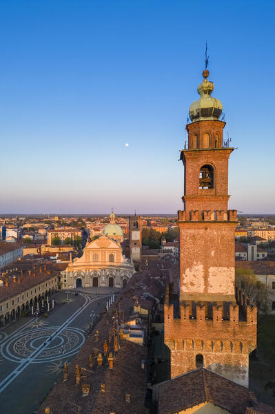 Aerial view of the Piazza Ducale, Cathedral and Bramante's tower at sunset. Vigevano, Lomellina, Province of Pavia, Lombardy, Italy.