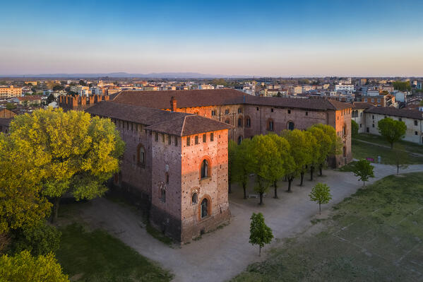 Aerial view of the Castello Sforzesco of Vigevano at sunset. Vigevano, Lomellina, Province of Pavia, Lombardy, Italy.