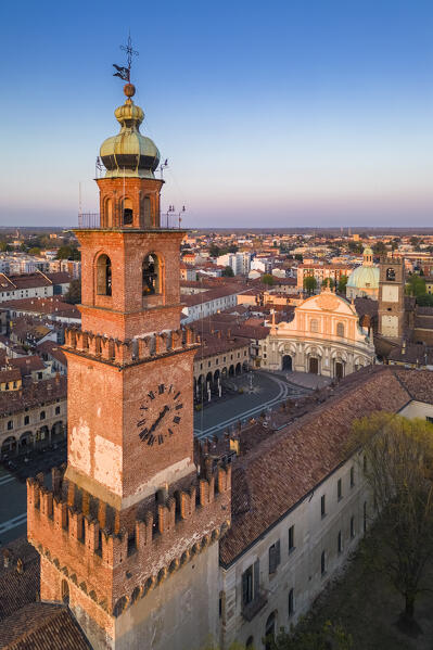 Aerial view of the Piazza Ducale, Cathedral and Bramante's tower at sunset. Vigevano, Lomellina, Province of Pavia, Lombardy, Italy.