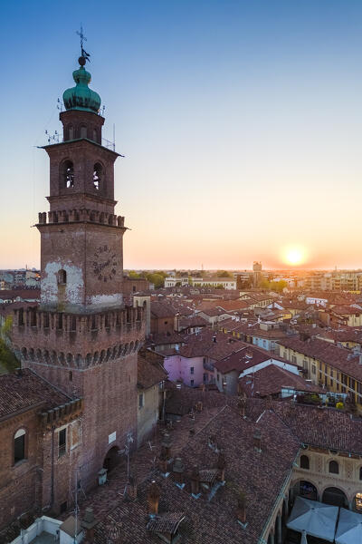 Aerial view of the Bramante's tower at sunset. Vigevano, Lomellina, Province of Pavia, Lombardy, Italy.