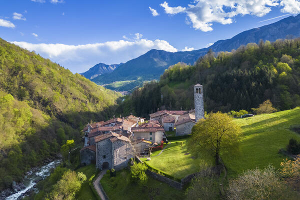 Aerial view of the old village of Cornello dei Tasso, Camerata Cornello, Bergamo province, Brembana valley, Lombardy, Italy, Europe.