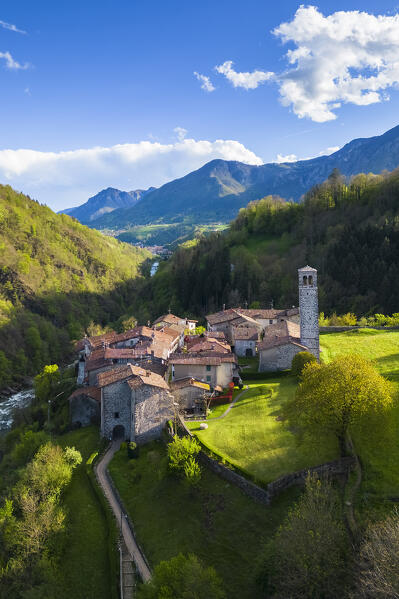 Aerial view of the old village of Cornello dei Tasso, Camerata Cornello, Bergamo province, Brembana valley, Lombardy, Italy, Europe.