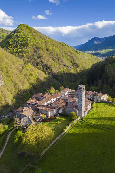 Aerial view of the old village of Cornello dei Tasso, Camerata Cornello, Bergamo province, Brembana valley, Lombardy, Italy, Europe.