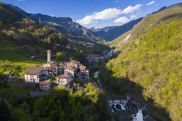 Aerial view of the old village of Cornello dei Tasso, Camerata Cornello, Bergamo province, Brembana valley, Lombardy, Italy, Europe.