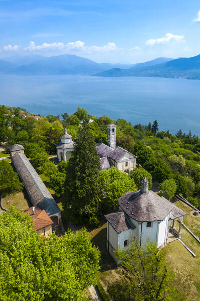 Aerial view of the Sacro Monte di Ghiffa on Lake Maggiore in the spring. Maggiore Lake, Province of Verbania, Piedmont, Italy.