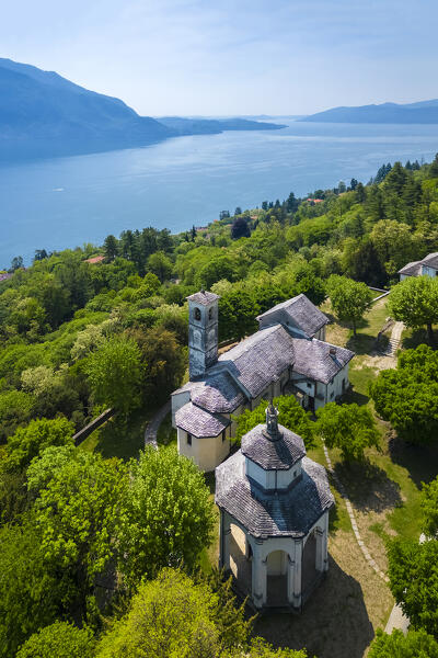 Aerial view of the Sacro Monte di Ghiffa on Lake Maggiore in the spring. Maggiore Lake, Province of Verbania, Piedmont, Italy.