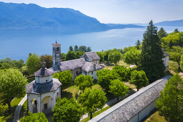Aerial view of the Sacro Monte di Ghiffa on Lake Maggiore in the spring. Maggiore Lake, Province of Verbania, Piedmont, Italy.