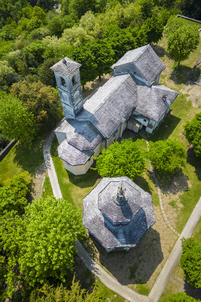 Aerial view of the Sacro Monte di Ghiffa on Lake Maggiore in the spring. Maggiore Lake, Province of Verbania, Piedmont, Italy.
