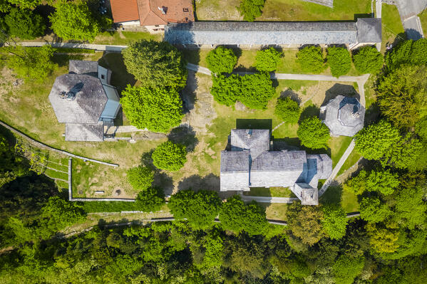 Aerial view of the Sacro Monte di Ghiffa on Lake Maggiore in the spring. Maggiore Lake, Province of Verbania, Piedmont, Italy.