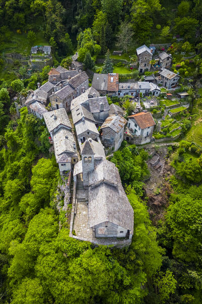Aerial view of the small village of Carmine Superiore on Lake Maggiore in the spring. Cannobio, Maggiore Lake, Province of Verbania, Piedmont, Italy.