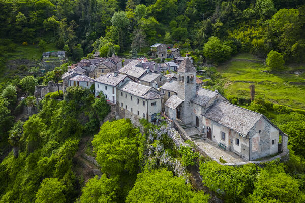 Aerial view of the small village of Carmine Superiore on Lake Maggiore in the spring. Cannobio, Maggiore Lake, Province of Verbania, Piedmont, Italy.