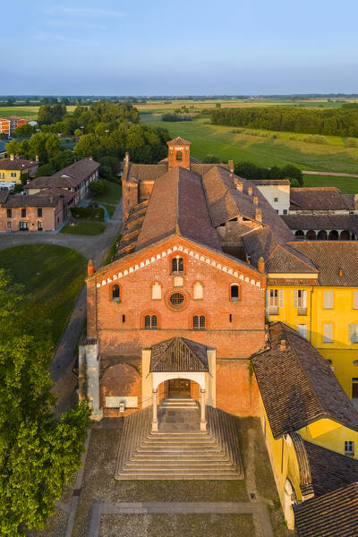 Sunset on the cistercian monastery of Morimondo a few kilometers south of Milan. Abbiategrasso, metropolitan City of Milan, Milan district, Lombardy, northern Italy.