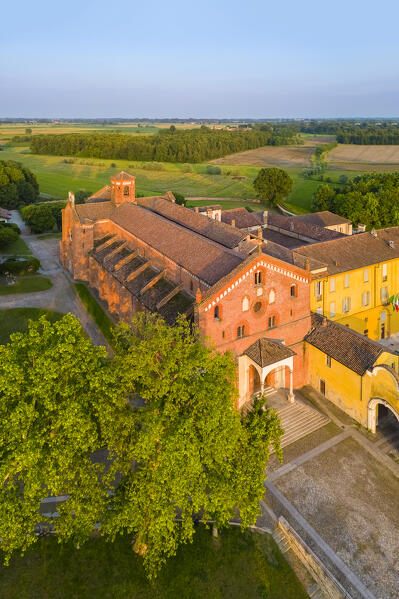 Sunset on the cistercian monastery of Morimondo a few kilometers south of Milan. Abbiategrasso, metropolitan City of Milan, Milan district, Lombardy, northern Italy.