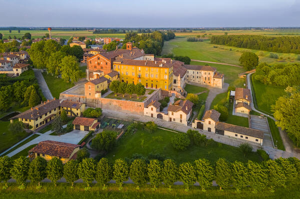 Sunset on the cistercian monastery of Morimondo a few kilometers south of Milan. Abbiategrasso, metropolitan City of Milan, Milan district, Lombardy, northern Italy.