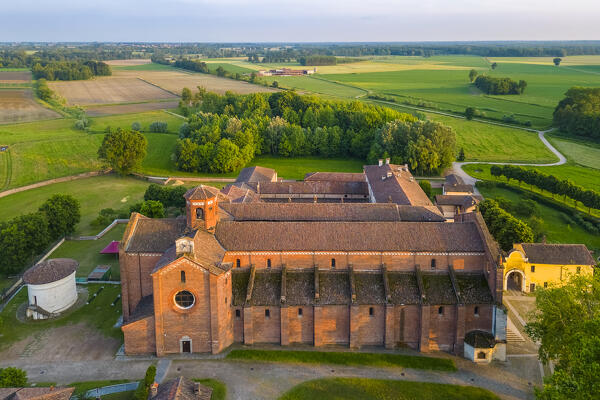 Sunset on the cistercian monastery of Morimondo a few kilometers south of Milan. Abbiategrasso, metropolitan City of Milan, Milan district, Lombardy, northern Italy.