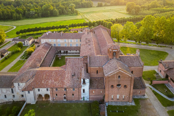 Sunset on the cistercian monastery of Morimondo a few kilometers south of Milan. Abbiategrasso, metropolitan City of Milan, Milan district, Lombardy, northern Italy.