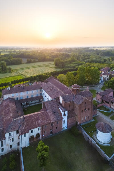 Sunset on the cistercian monastery of Morimondo a few kilometers south of Milan. Abbiategrasso, metropolitan City of Milan, Milan district, Lombardy, northern Italy.