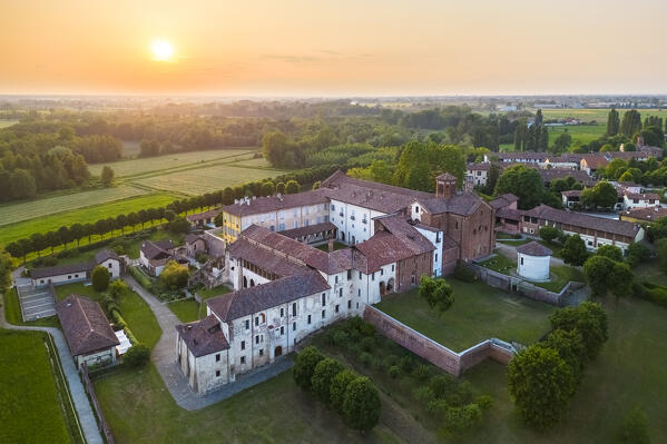 Sunset on the cistercian monastery of Morimondo a few kilometers south of Milan. Abbiategrasso, metropolitan City of Milan, Milan district, Lombardy, northern Italy.