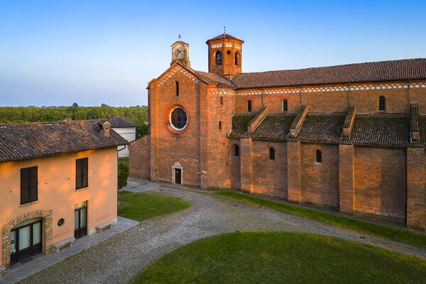 Sunset on the cistercian monastery of Morimondo a few kilometers south of Milan. Abbiategrasso, metropolitan City of Milan, Milan district, Lombardy, northern Italy.