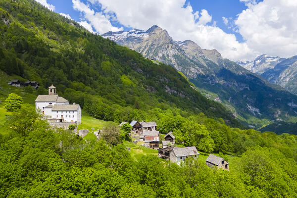 Aerial view of the small mountain walser town of Salecchio Inferiore in spring. Premia, Valle Antigorio, Verbano Cusio Ossola, Piedmont, Italy.